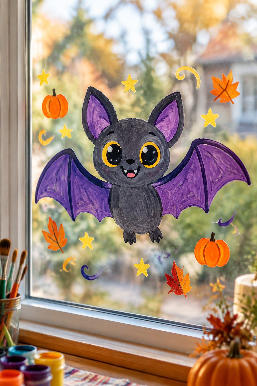 A cute gray bat with purple wings and big yellow eyes, surrounded by little pumpkins and fall leaves, painted on a window.
