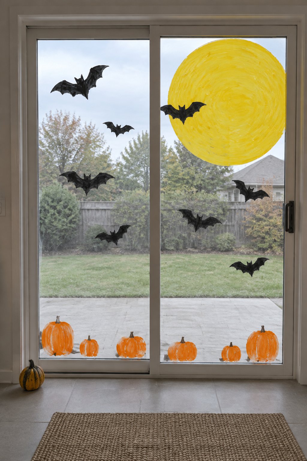 A big yellow moon and black bats painted on a sliding glass door, with orange pumpkins along the bottom.