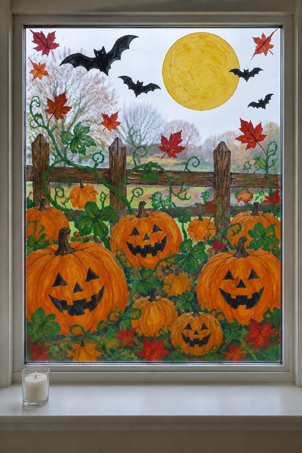 Jack-o'-lanterns in a fenced pumpkin patch with red leaves, bats and a yellow moon, painted across an entire window.