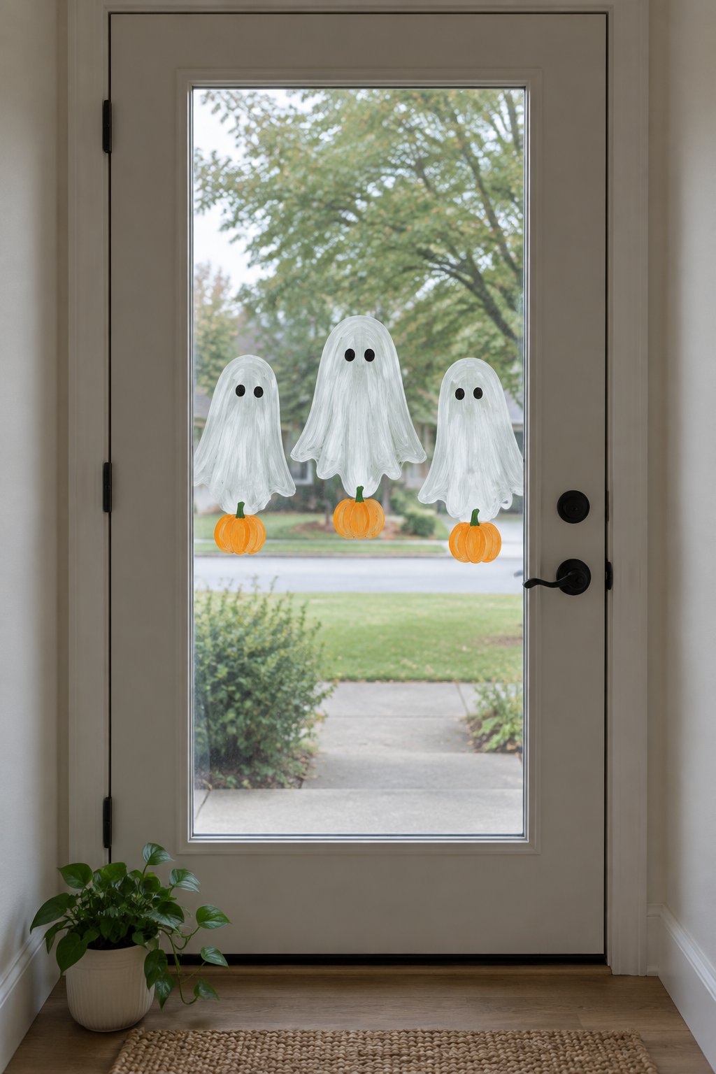 Three white ghosts with black dot eyes painted on the glass of a front door, with small orange pumpkins below them.