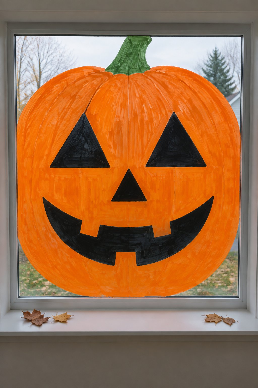 A giant orange jack-o'-lantern face with black triangle eyes painted across a whole window.