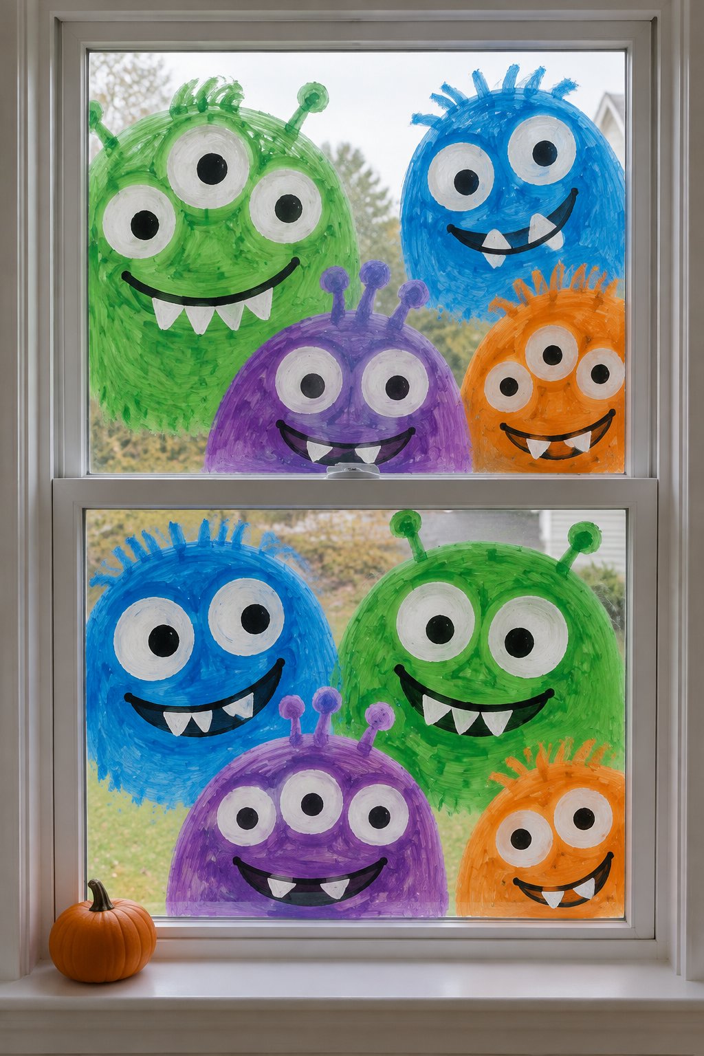 A family of colorful googly-eyed monsters in green, blue, purple and orange, painted across a double-hung window.