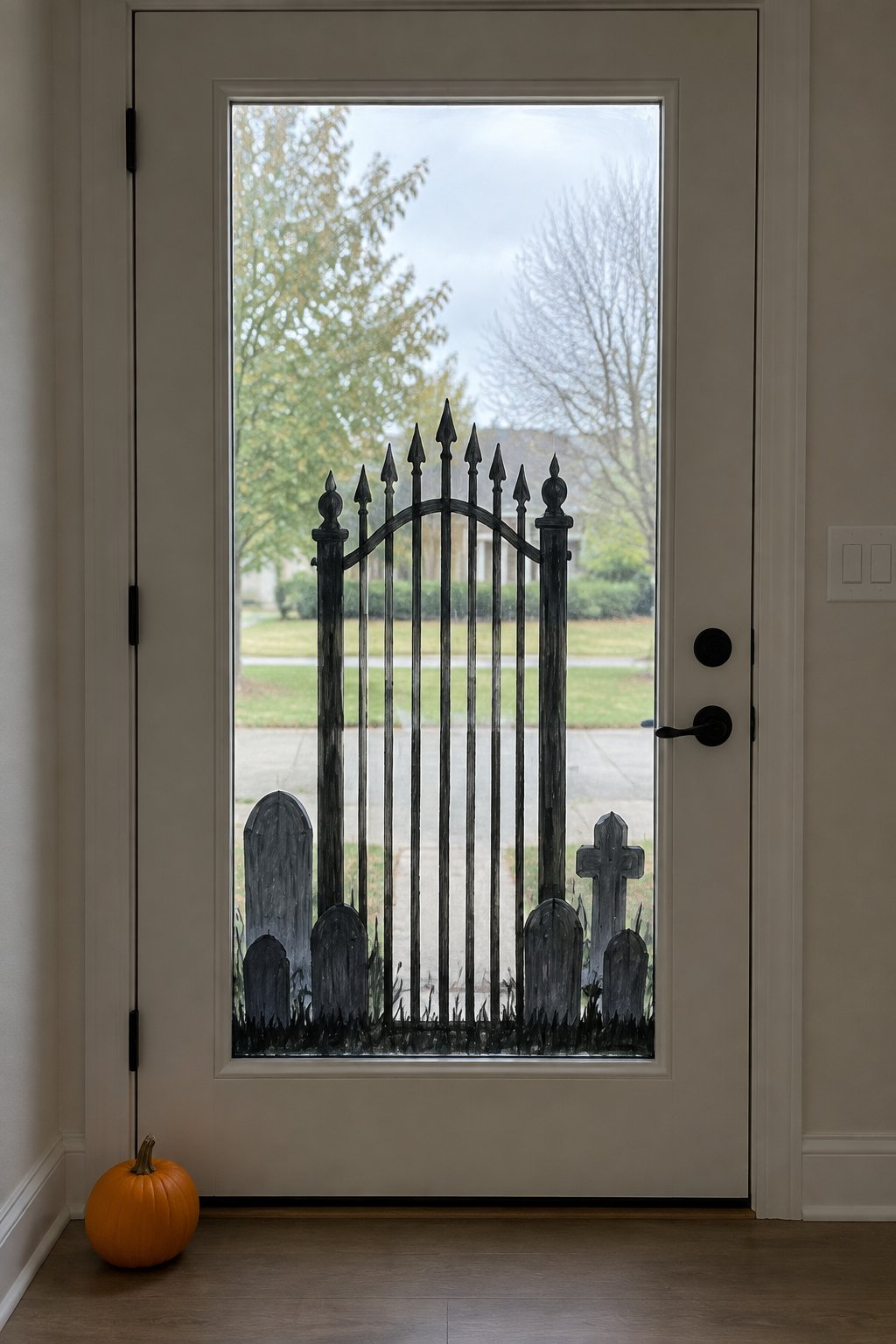 A black iron graveyard gate and tombstones painted on the glass of a front door.