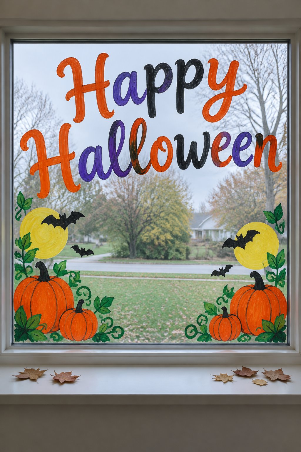 Happy Halloween written in orange and purple script across the top of a window, with pumpkins, bats and yellow moons below.