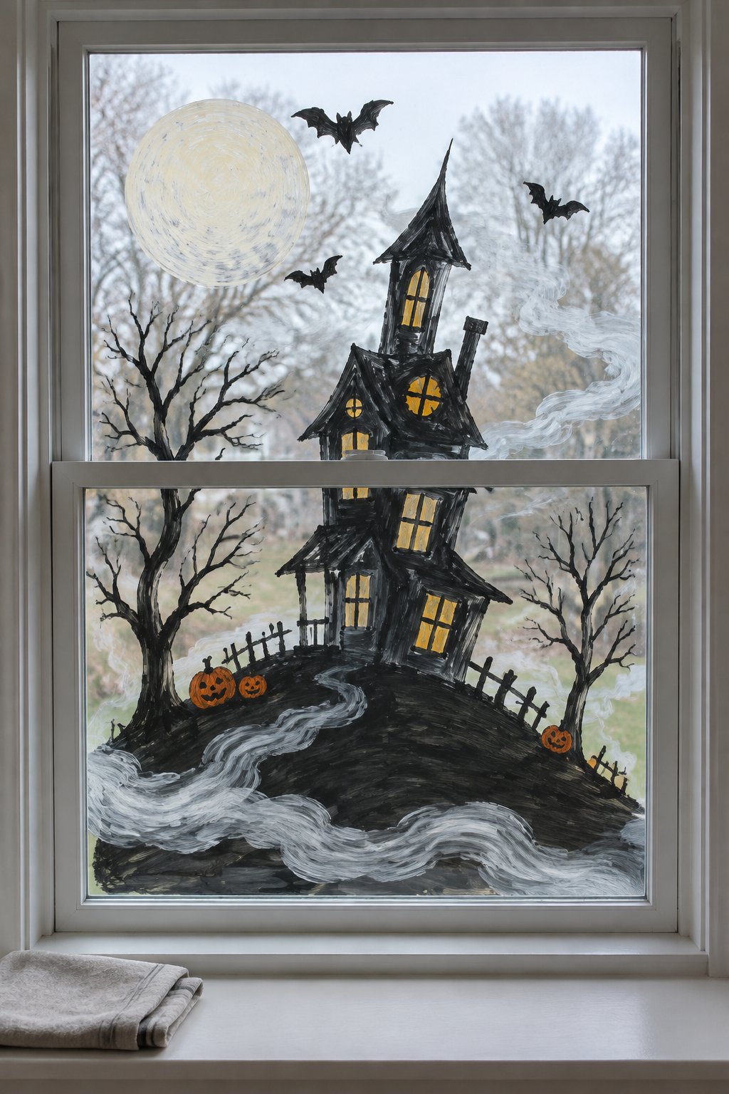 A black haunted house with glowing windows on a misty hill, with bare trees, bats and a pale moon, painted on a double-hung window.