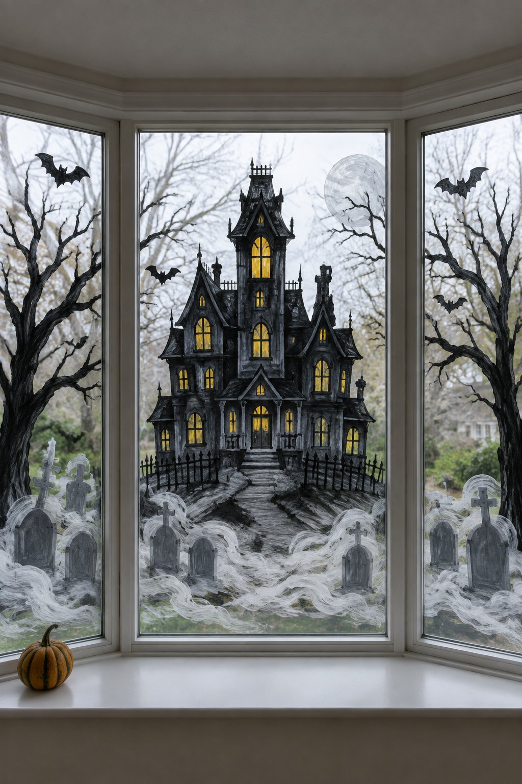 A haunted mansion with tombstones and swirling fog painted on the center pane of a bay window, with bare trees on the side panes.