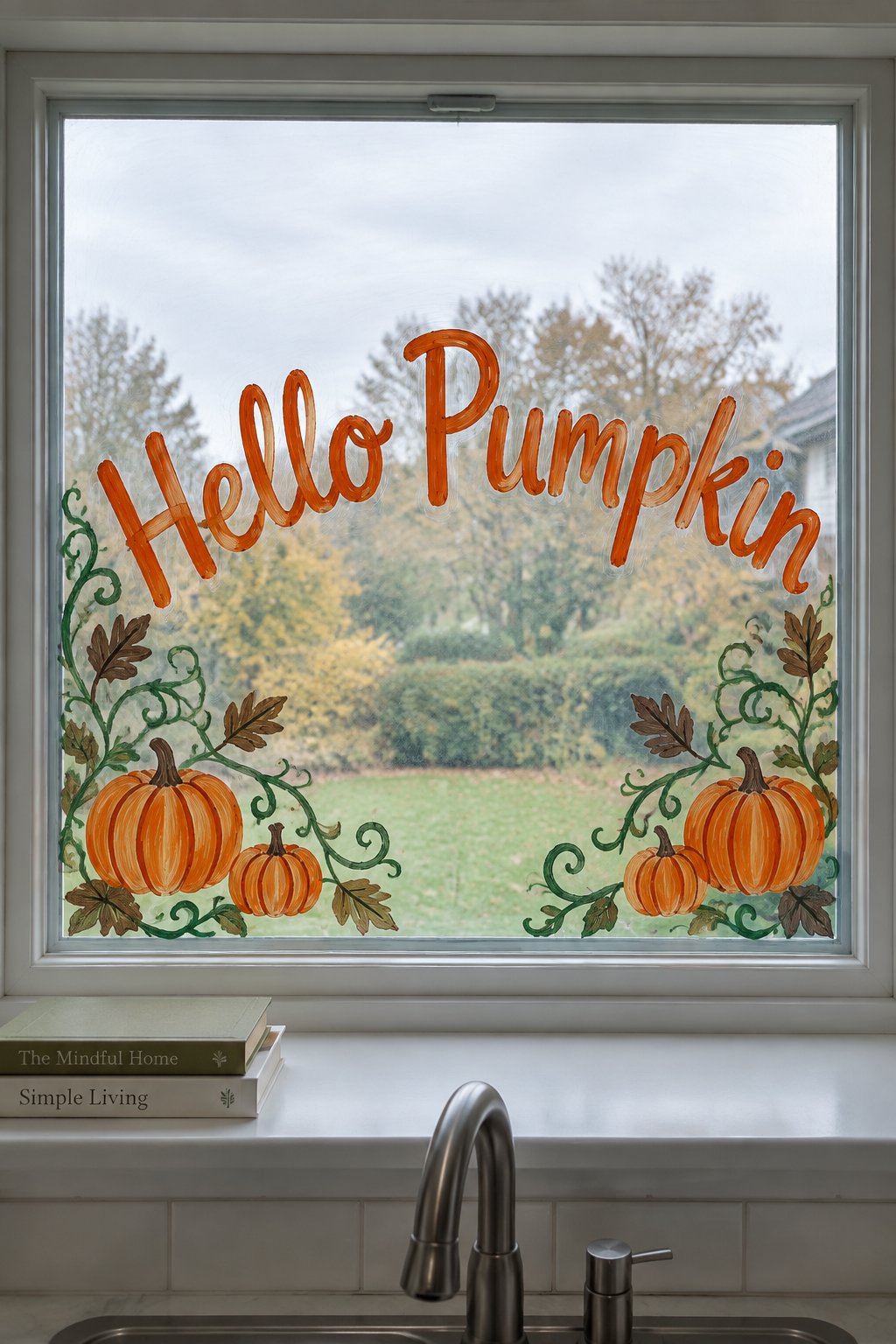 Hello Pumpkin hand-lettered in orange across a kitchen window, with pumpkins and fall leaves along the bottom.