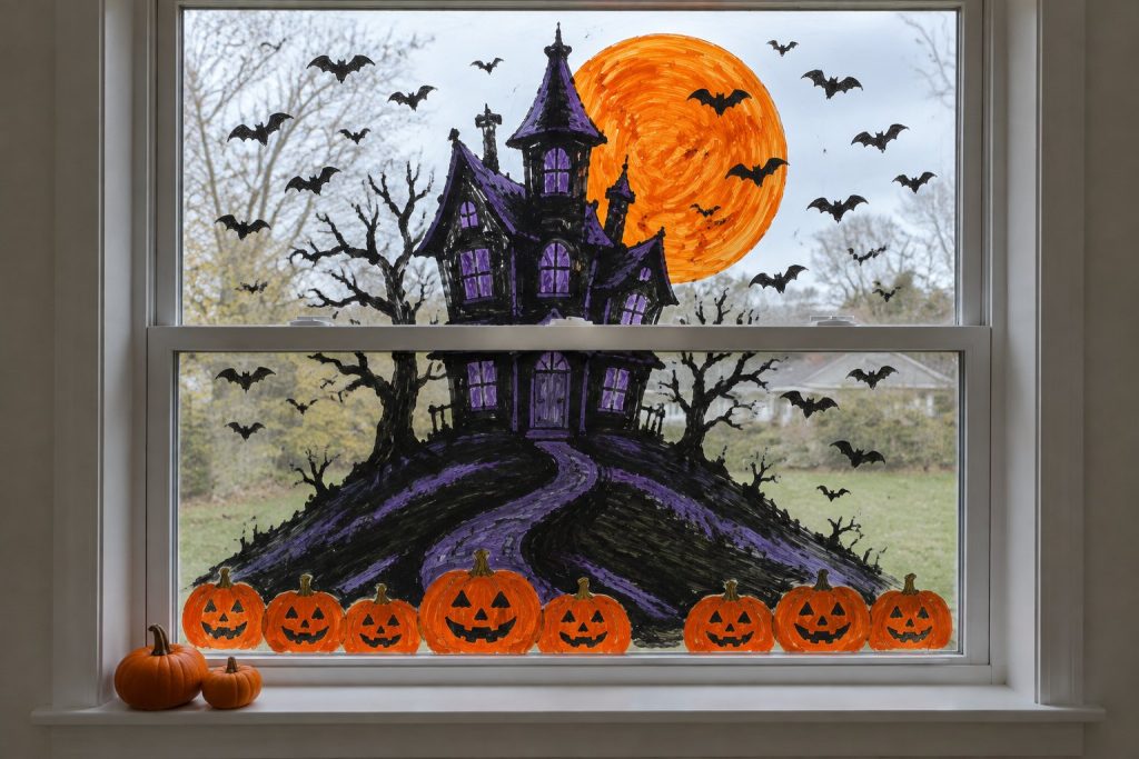 Halloween window painting of a purple haunted house on a hill with bare trees, flying bats, an orange moon and a row of jack-o'-lanterns along the bottom of a double-hung window.