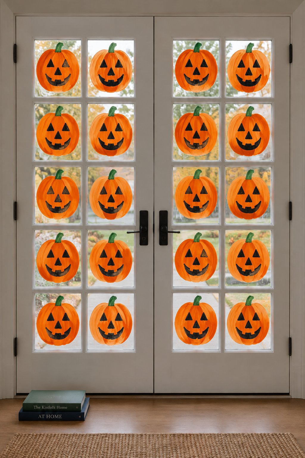 Orange jack-o'-lantern faces painted on every small pane of a pair of French doors.