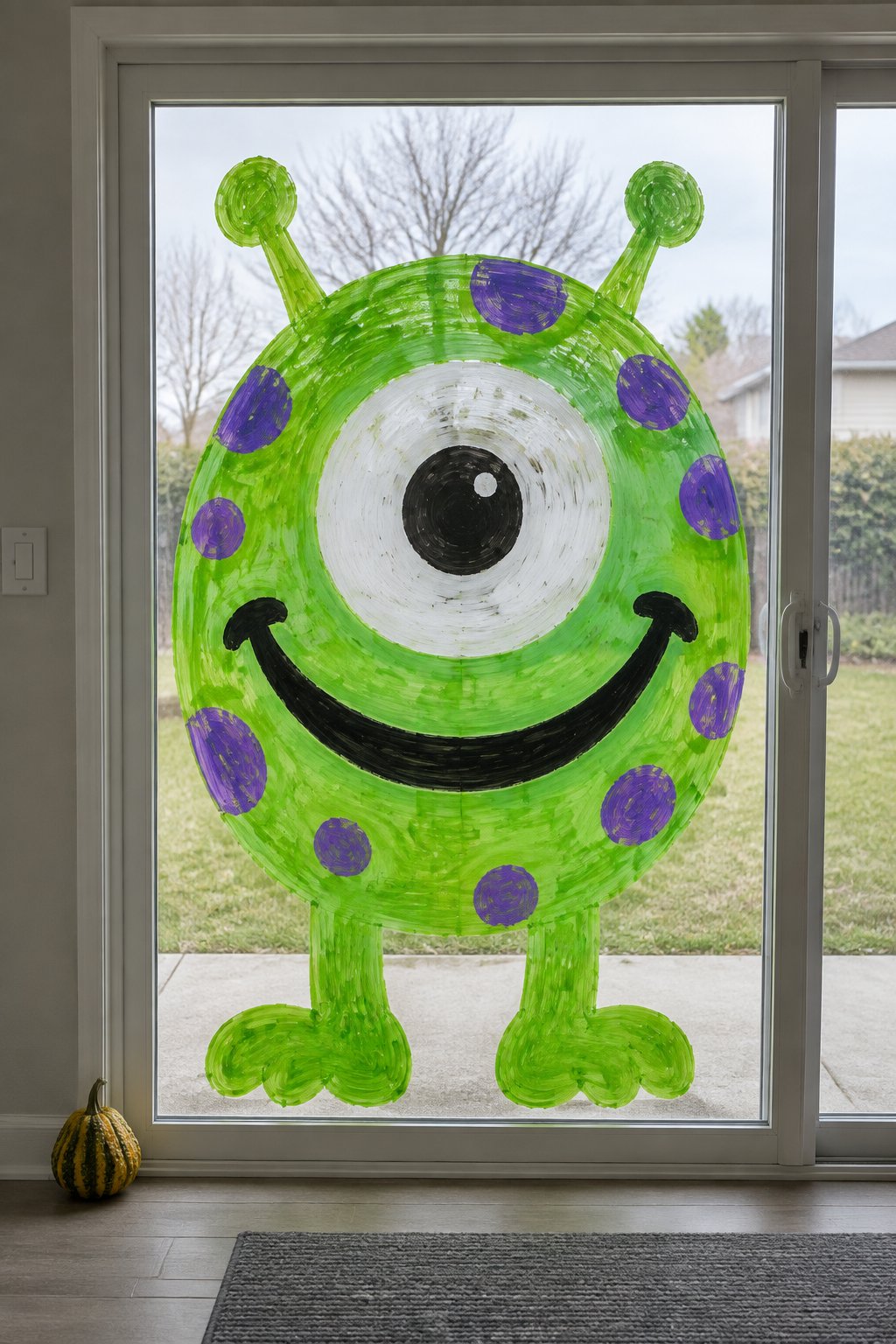 A green one-eyed monster with purple spots and a big smile, painted across a sliding glass door.
