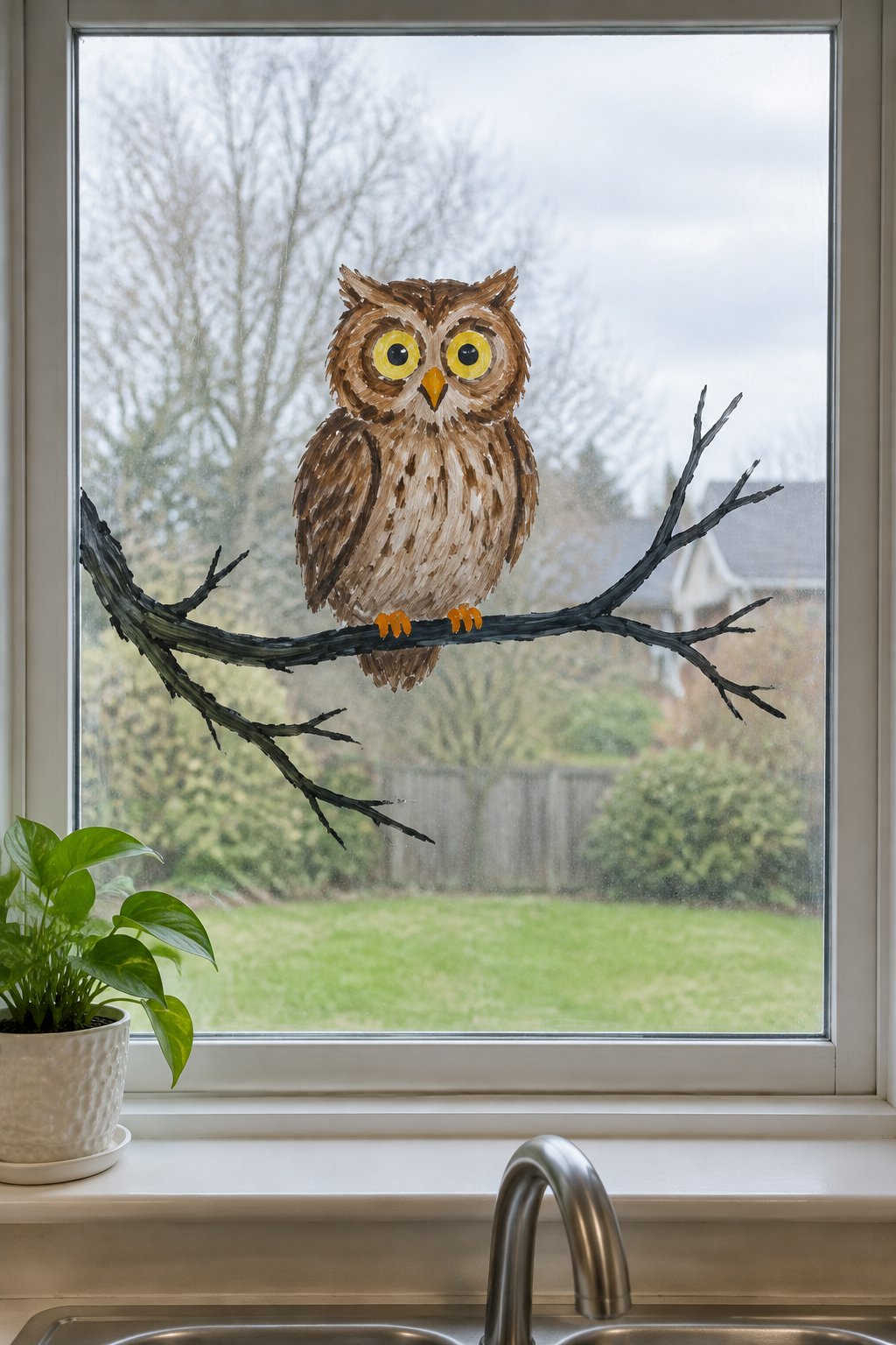 A brown owl with big yellow eyes perched on a bare black branch, painted on a kitchen window.