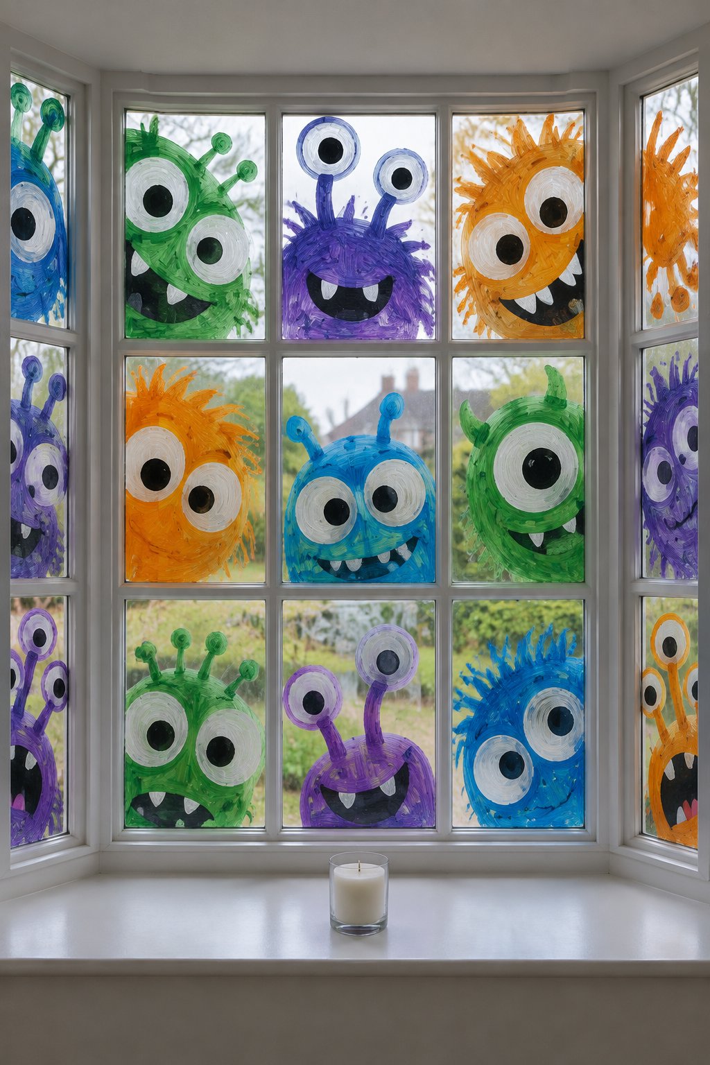 Colorful fuzzy monster faces with big peeking eyes painted on every pane of a bay window.