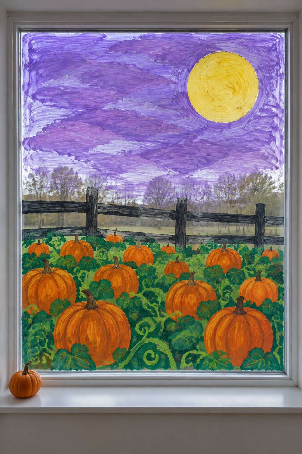 A pumpkin patch and wooden fence under a purple sky and yellow moon, painted across a whole window.