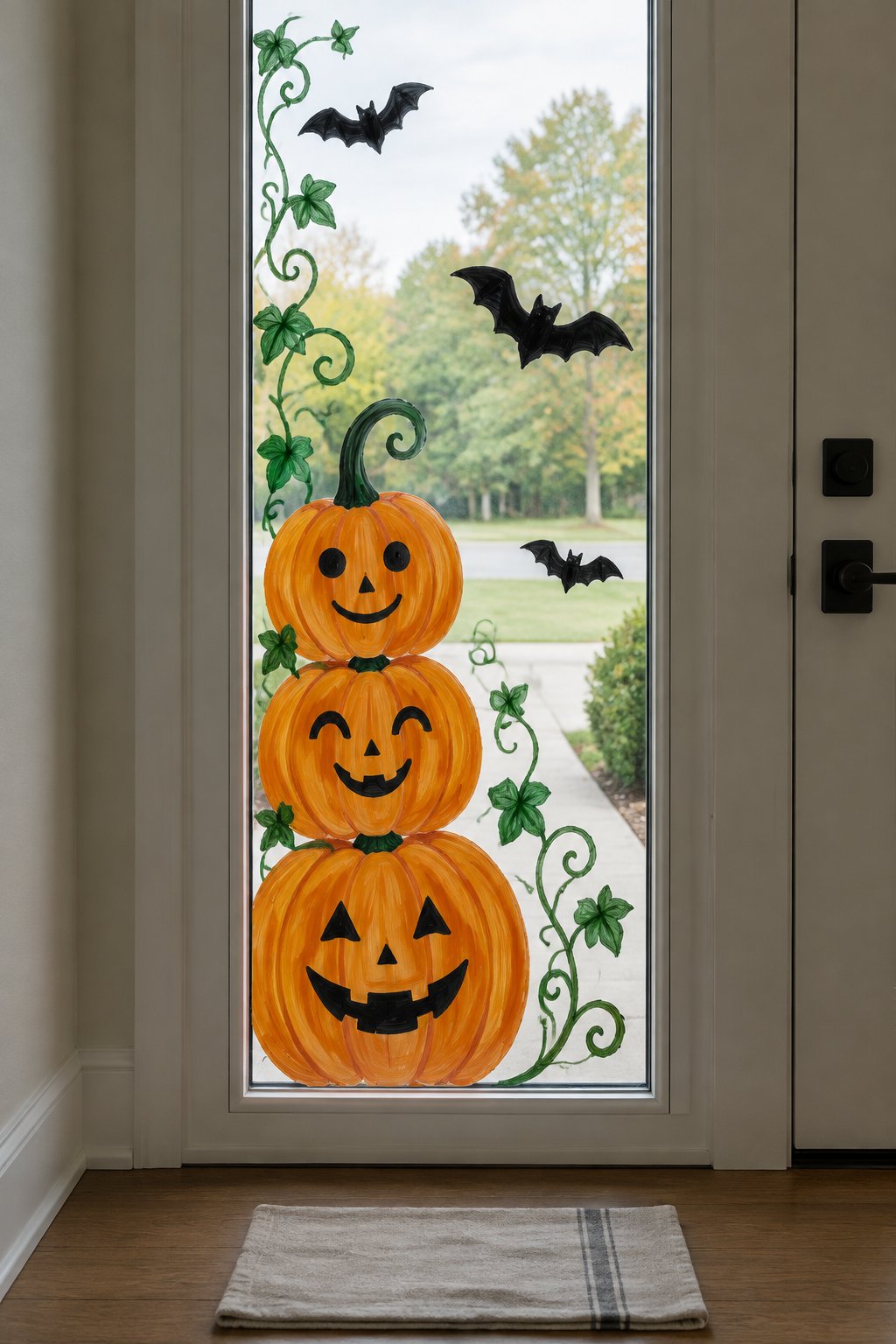 Three stacked jack-o'-lanterns with green vines and bats, painted beside the handle on the glass of a front door.