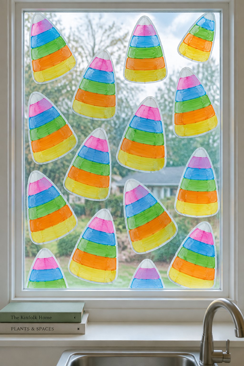 Rainbow-striped candy corn shapes painted all over a kitchen window.