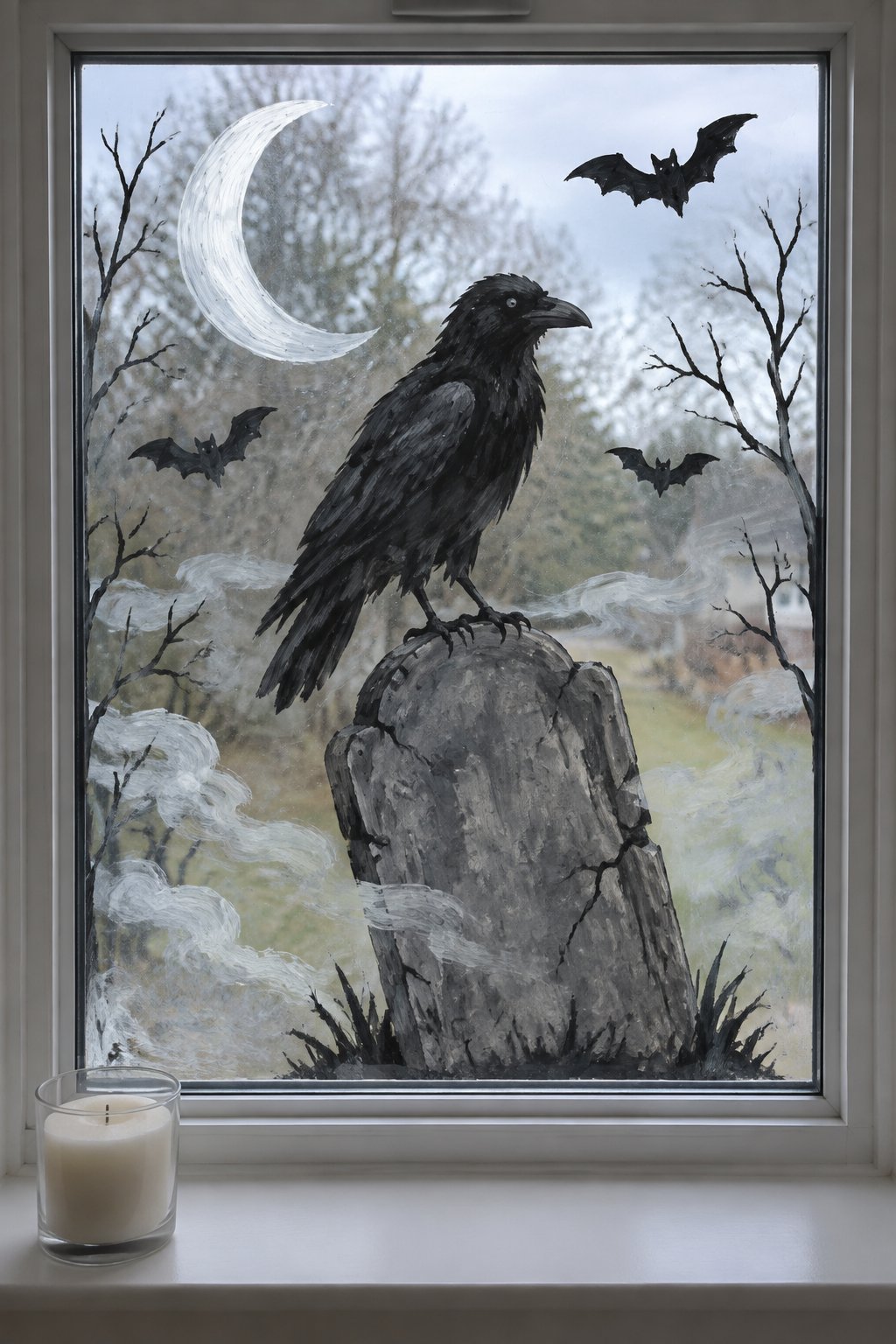 A black raven perched on a crooked gray tombstone, with fog, bare branches, bats and a crescent moon, painted on a window.