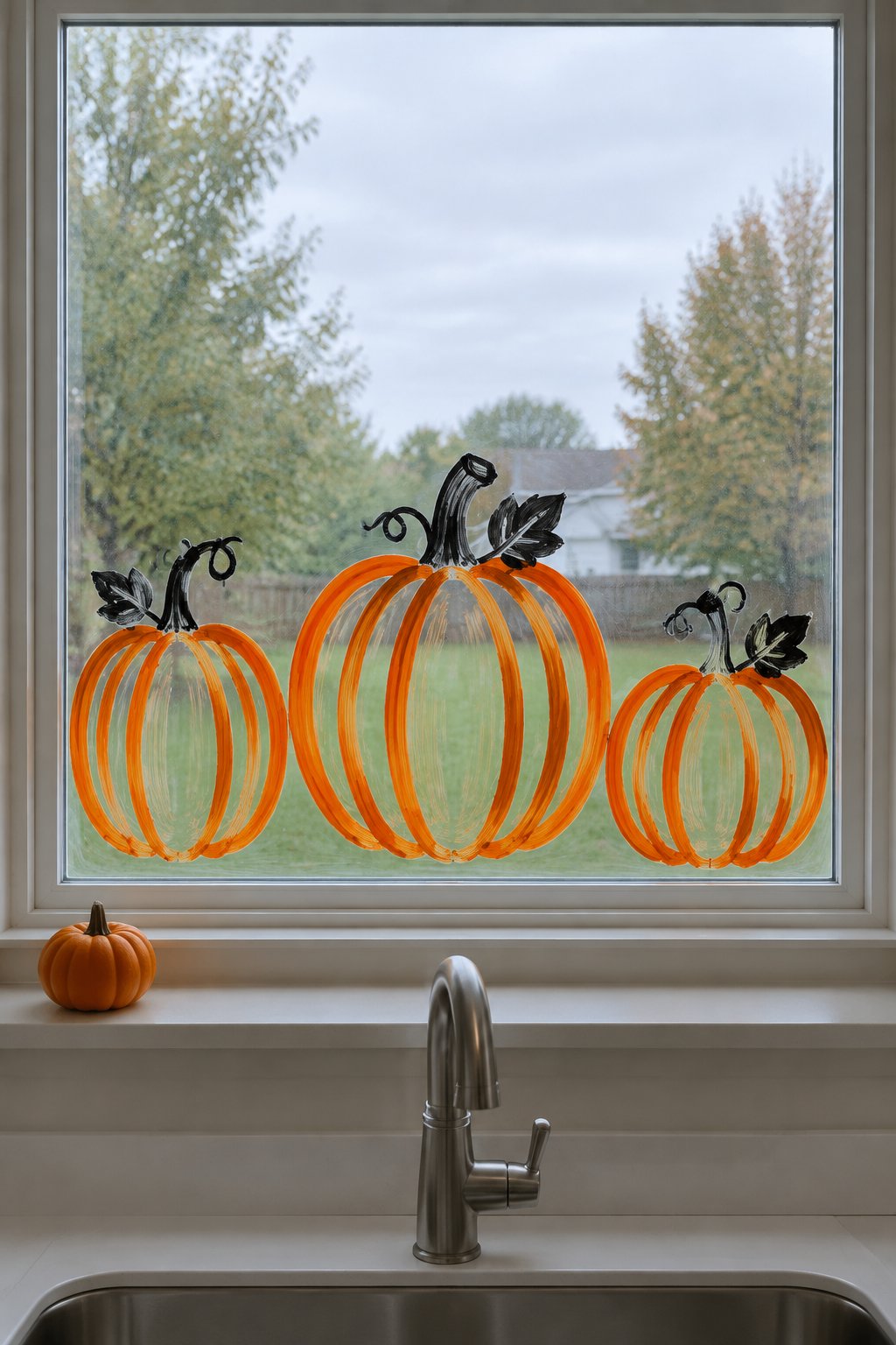 Three orange outlined pumpkins drawn with paint markers along the bottom of a kitchen window.