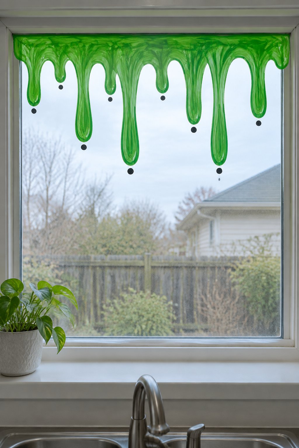 Green slime drips painted along the top edge of a kitchen window.