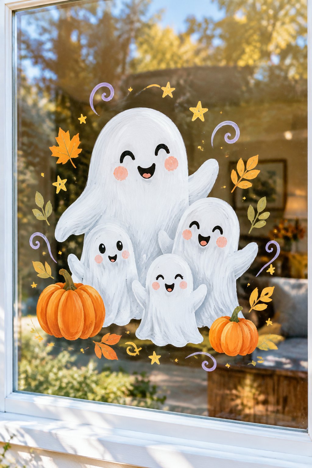 A family of four smiling white ghosts with pink cheeks, surrounded by pumpkins, leaves and stars, painted on a window.