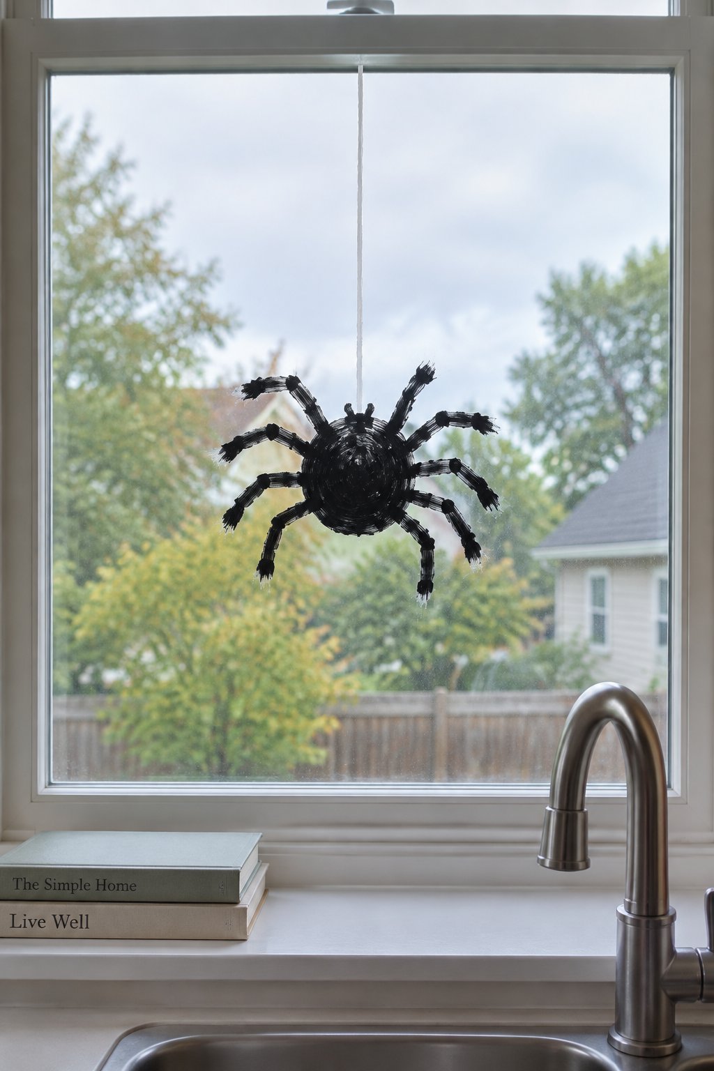 A big black spider dangling from a thin painted thread in the middle of a kitchen window.