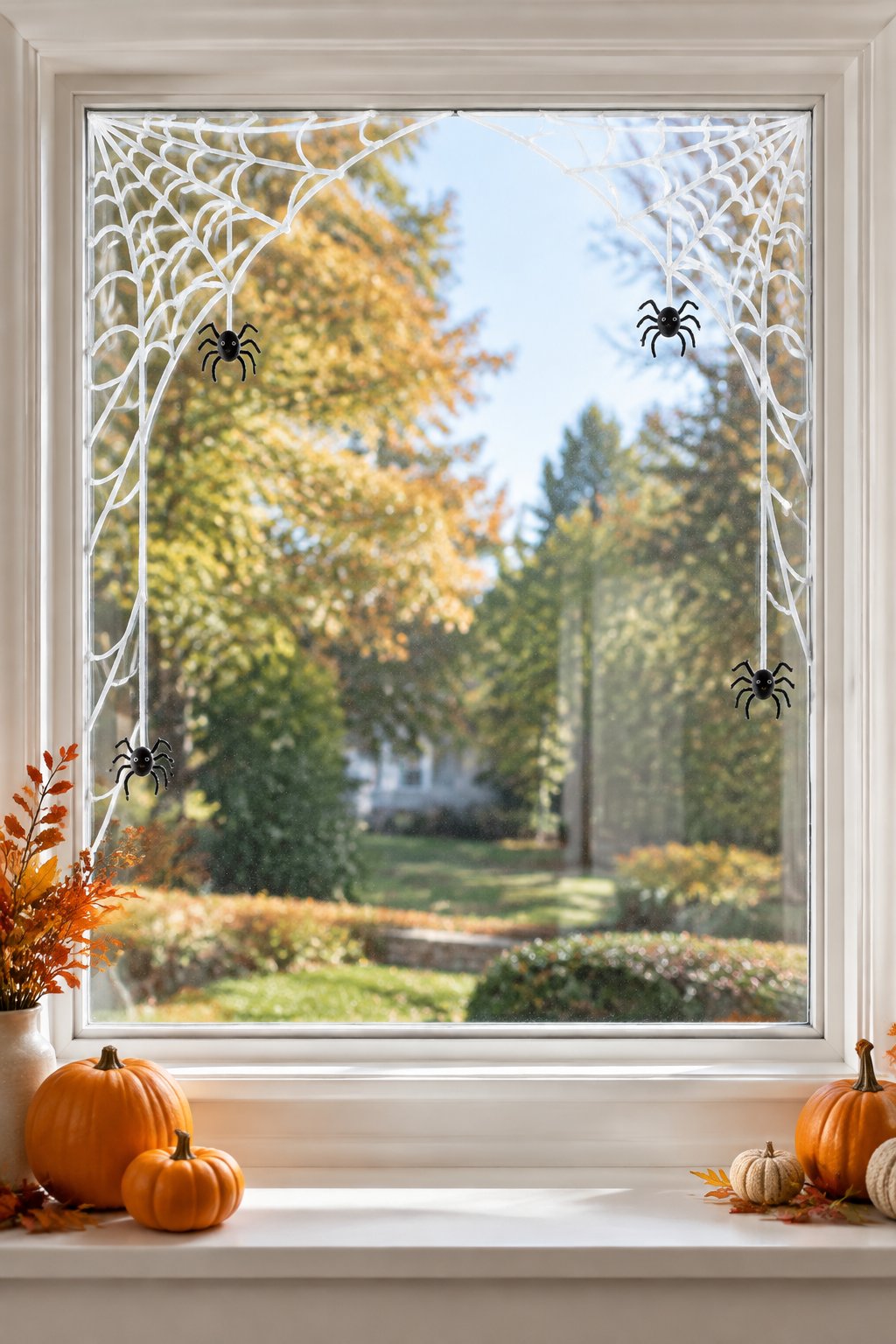 White spider webs painted into the top corners of a window, with small black spiders hanging from them.