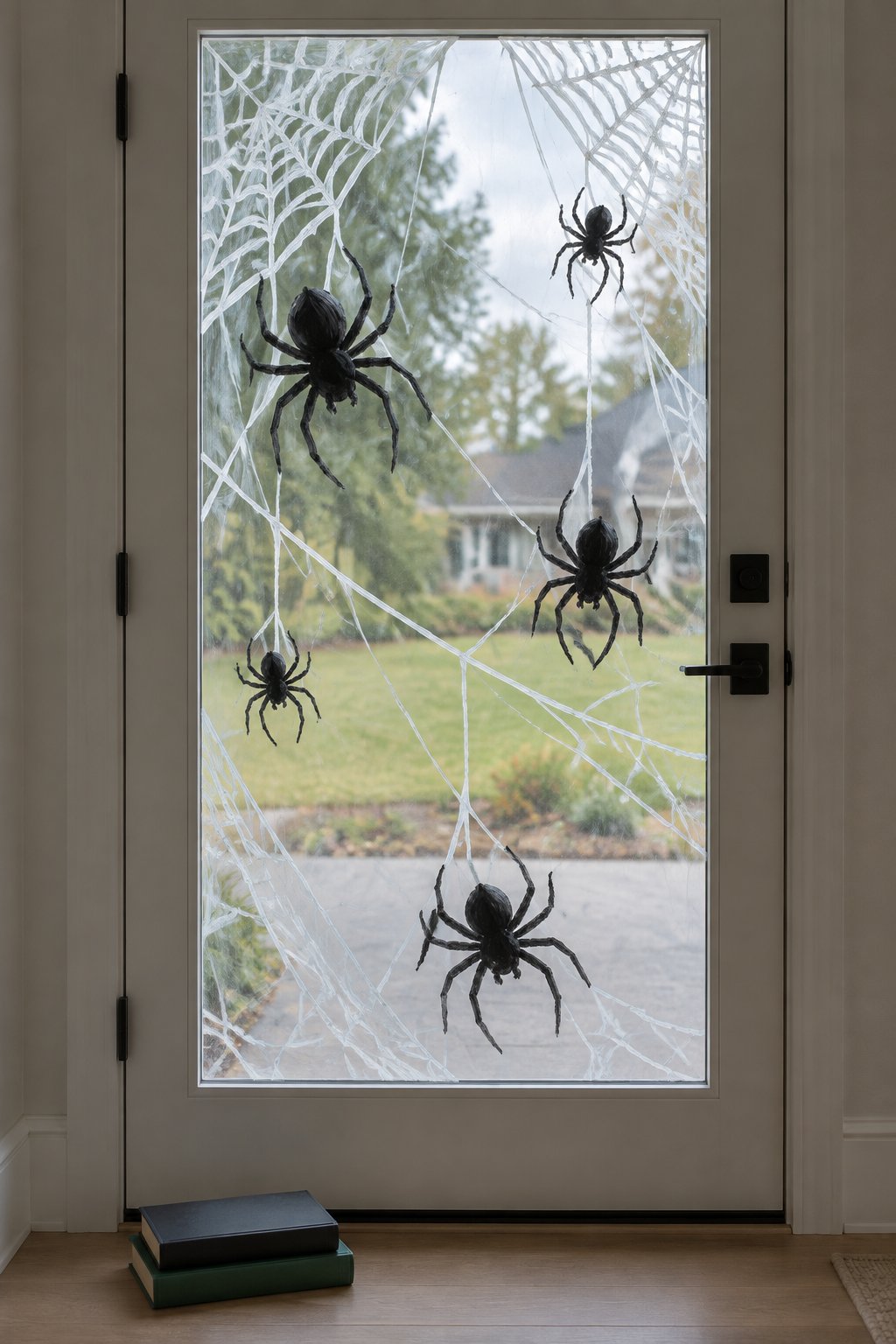 Black spiders crawling down white spider webs painted on the glass of a front door.