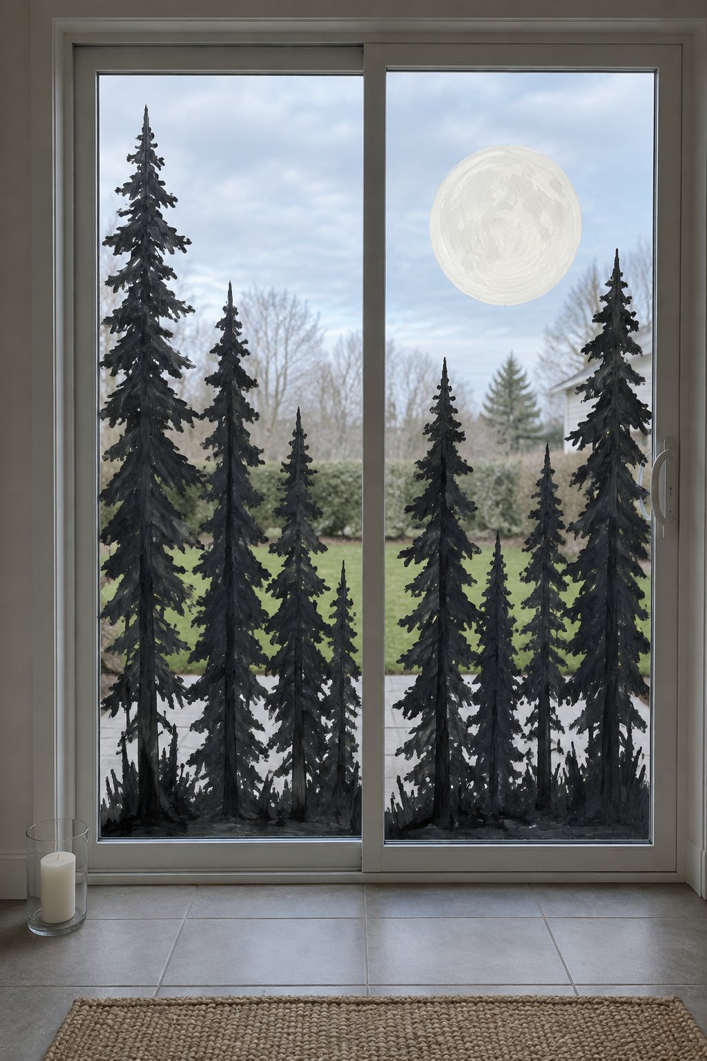 A row of tall black pine tree silhouettes under a pale moon, painted on a sliding glass door.