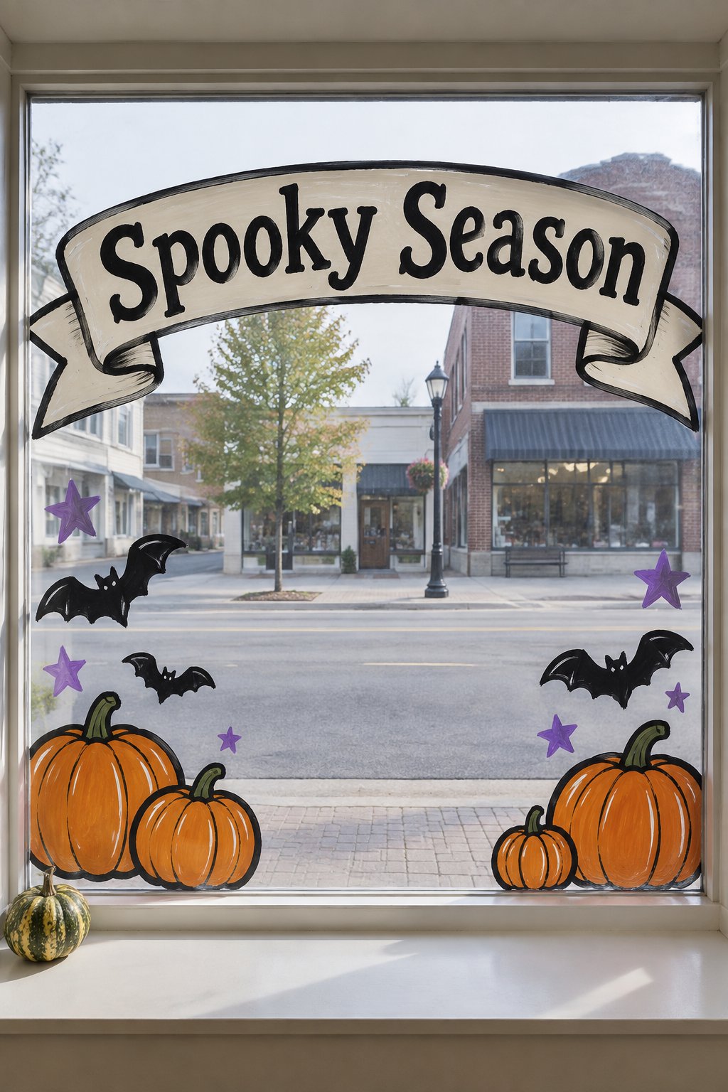 A cream Spooky Season banner above black bats, purple stars and orange pumpkins, painted on a boutique window.