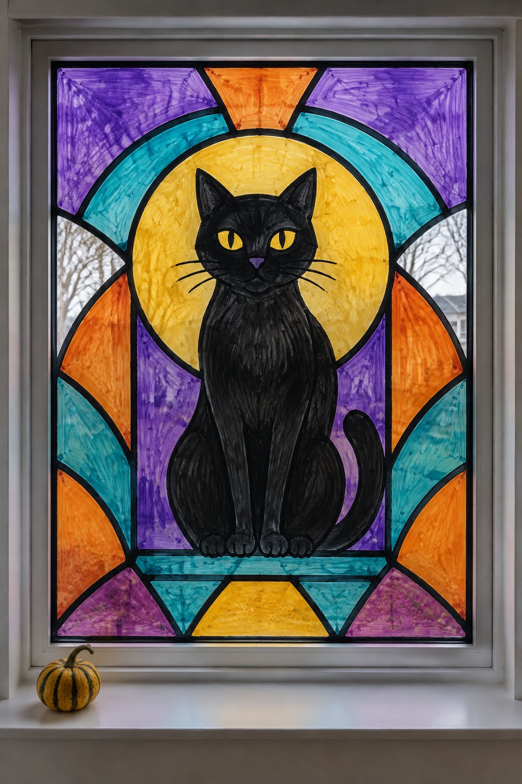 A black cat in front of a yellow moon, framed by purple, teal and orange stained glass panels painted on a window.