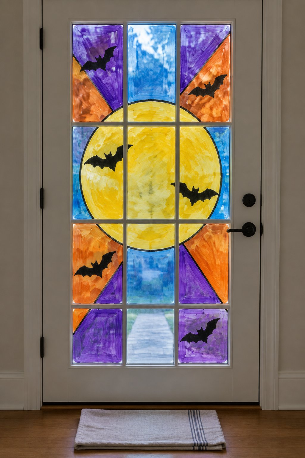 A yellow moon and black bats inside purple, blue and orange stained glass panels painted on a glass front door.