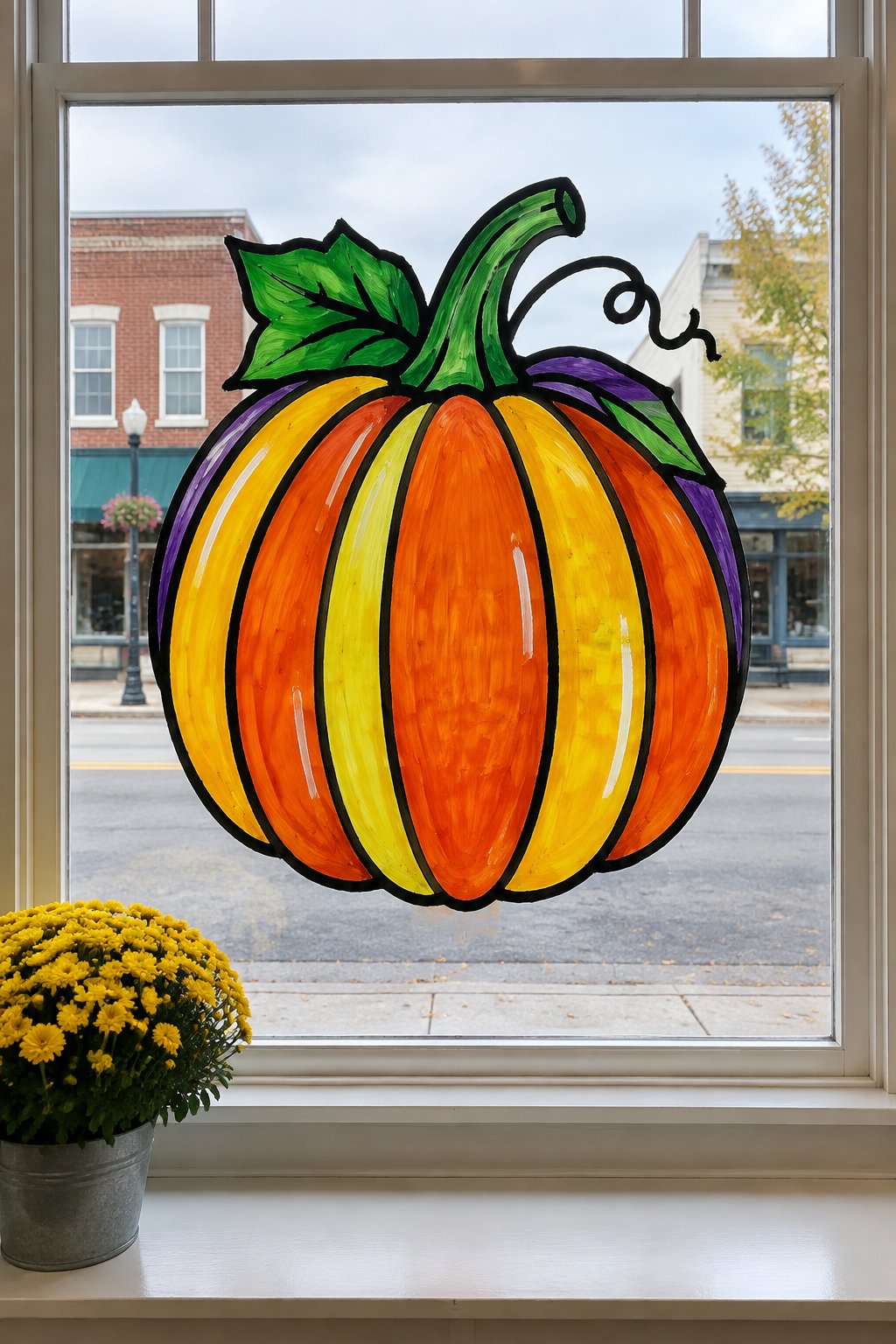 A stained glass style pumpkin in orange, yellow and purple sections with bold black lines, painted on a shop window.