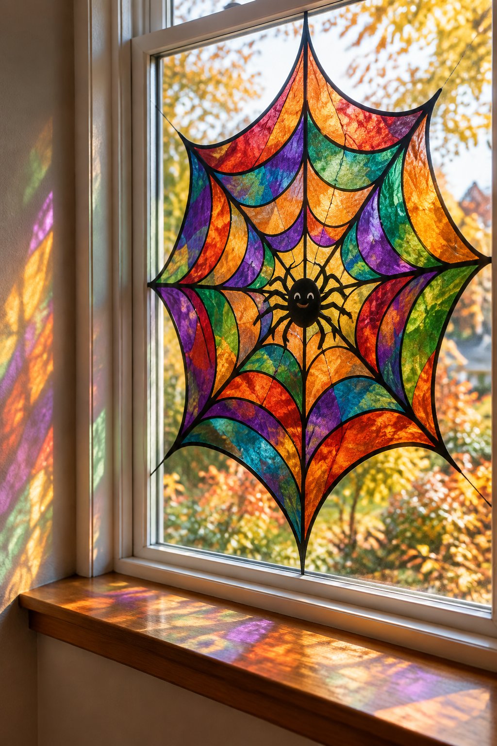 A rainbow stained glass spider web with a black spider in the center, painted on a window and casting colored light on the sill.