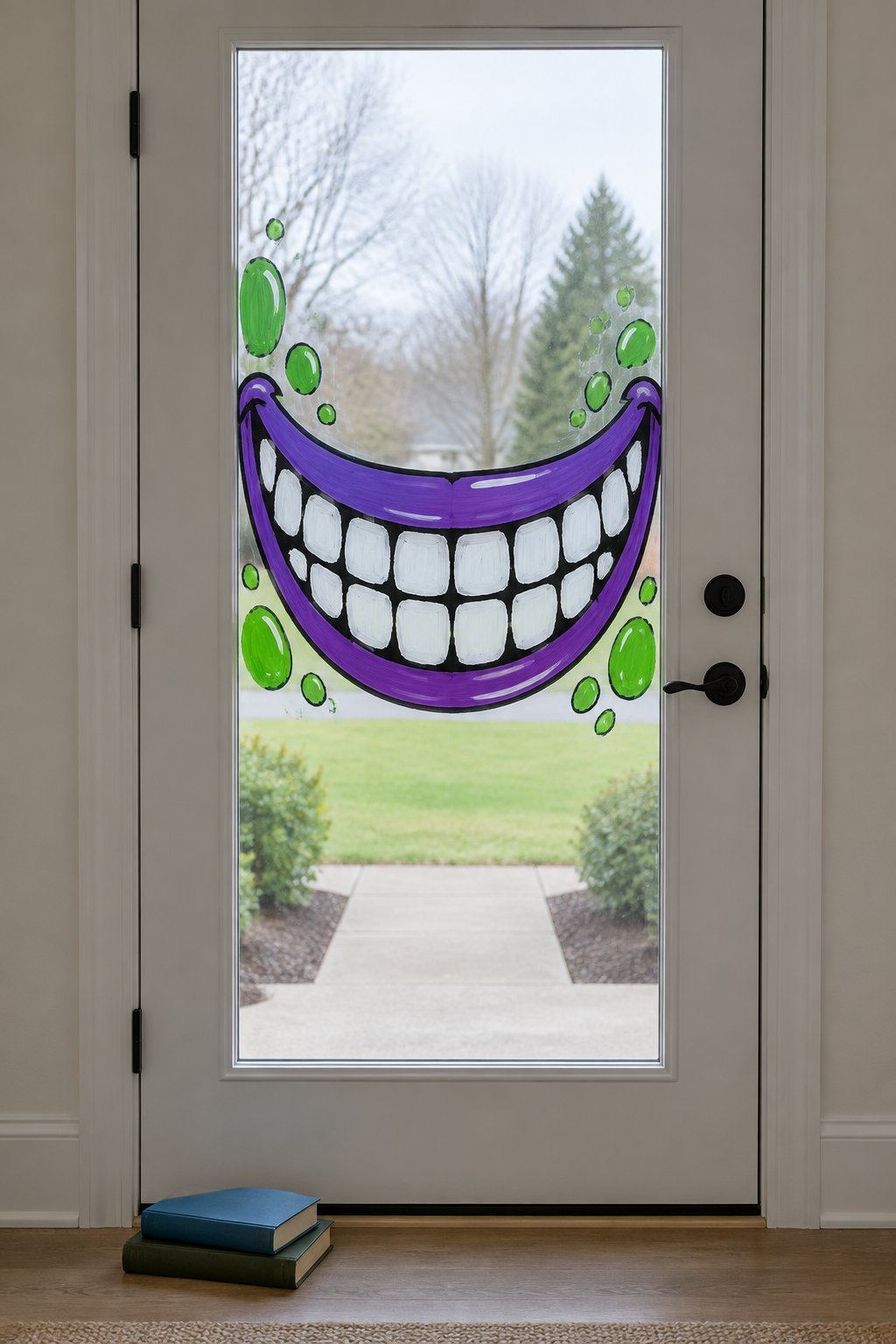 A big purple monster grin full of white teeth with green slime drips, painted inside the glass of a front door.