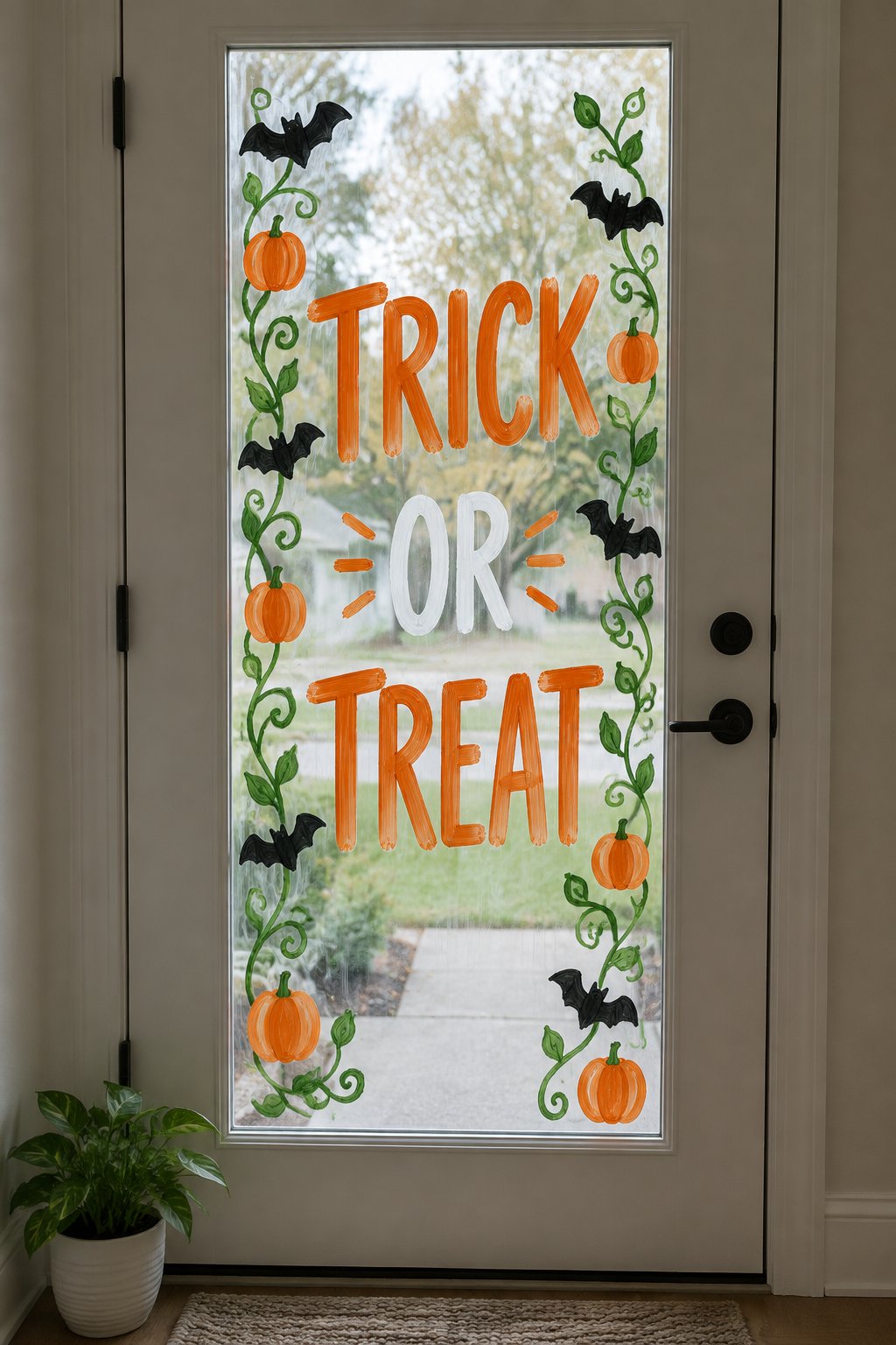 Trick or Treat lettered in orange down the glass of a front door, framed by green vines, bats and small pumpkins.