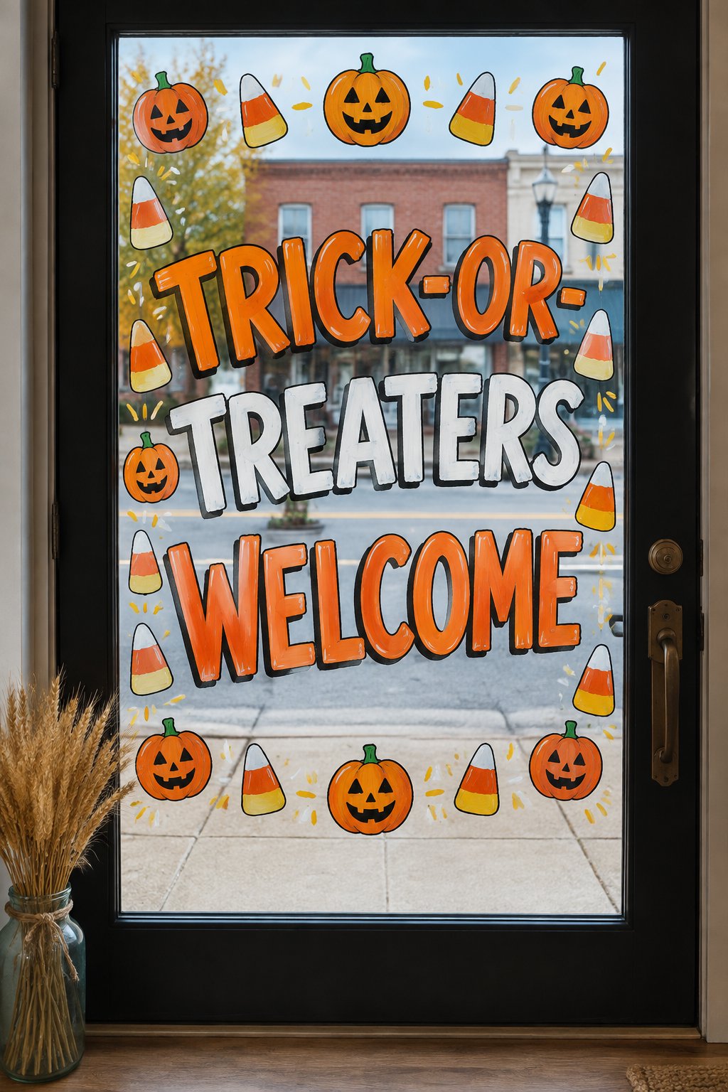 Orange and white Trick-or-Treaters Welcome lettering framed by jack-o'-lanterns and candy corn, painted on the glass of a shop door.