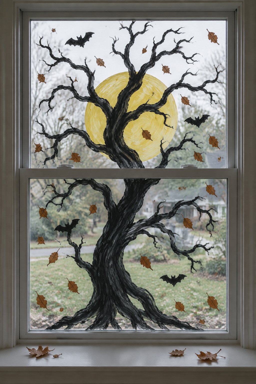 A twisted black tree with falling autumn leaves and a yellow moon, painted across a double-hung window.