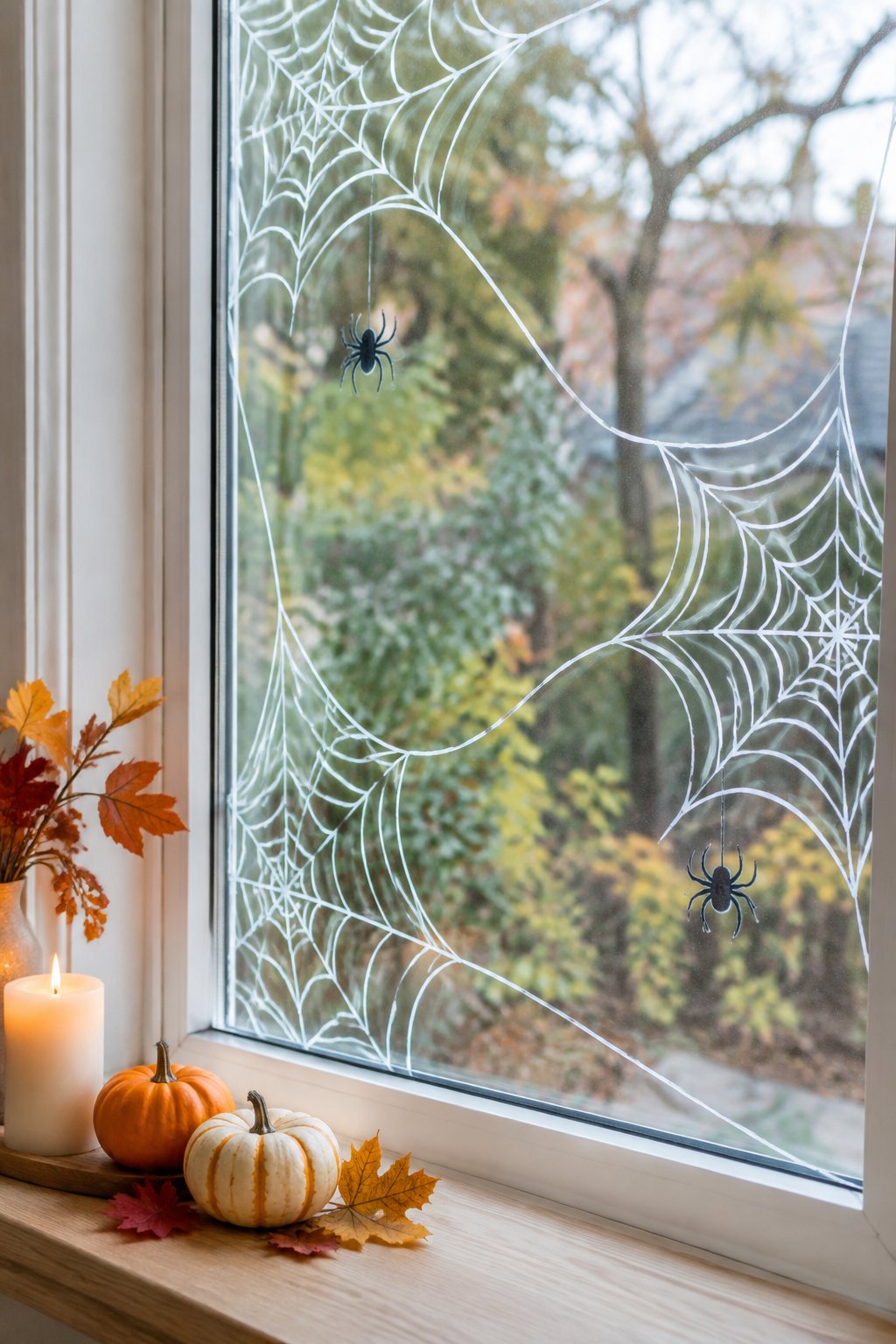 Large white spider webs drawn with a paint marker across the corners of a window, with a black spider hanging down.