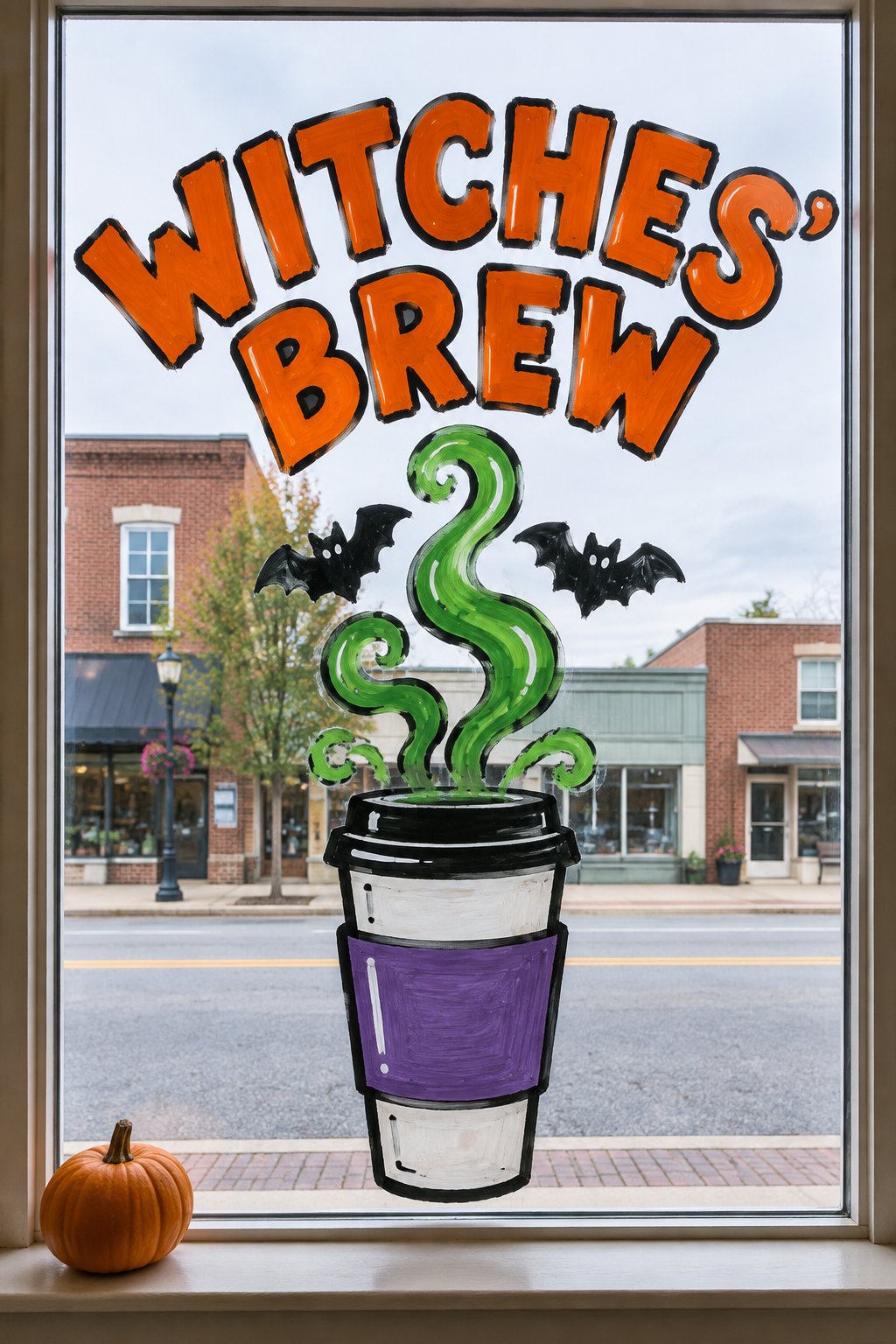 A takeout coffee cup with a purple sleeve, curling green steam, two black bats and orange Witches' Brew lettering painted on a coffee shop window.