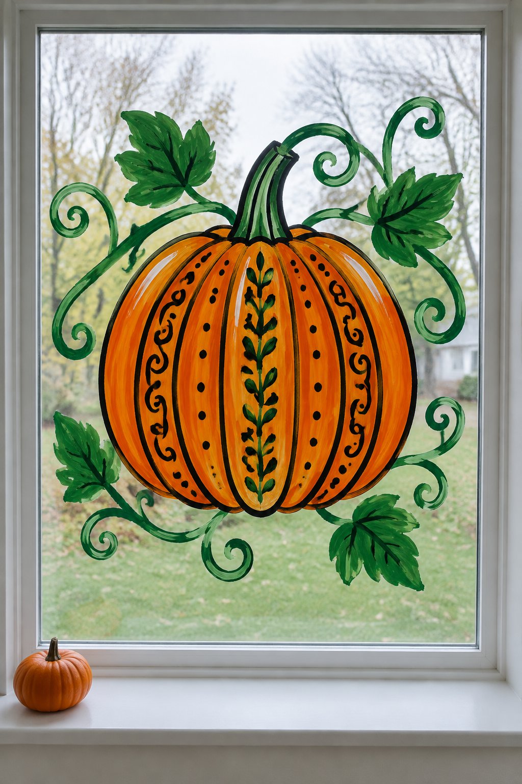 A large orange pumpkin filled with black swirls and dots, framed by curling green vines and leaves, painted on a window.