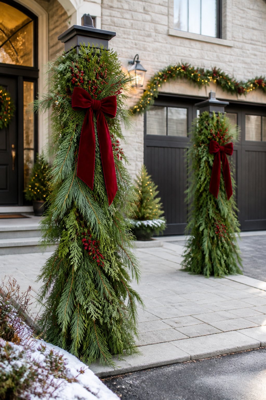 Evergreen Post Wraps - outdoor christmas decor ideas