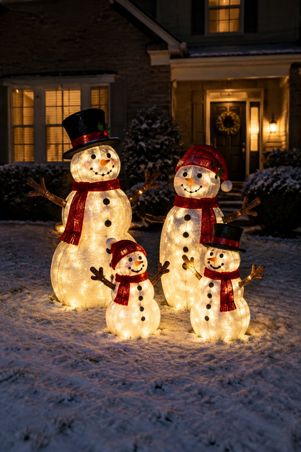 Family of light-up snowman figures with top hats and red scarves on a snowy lawn