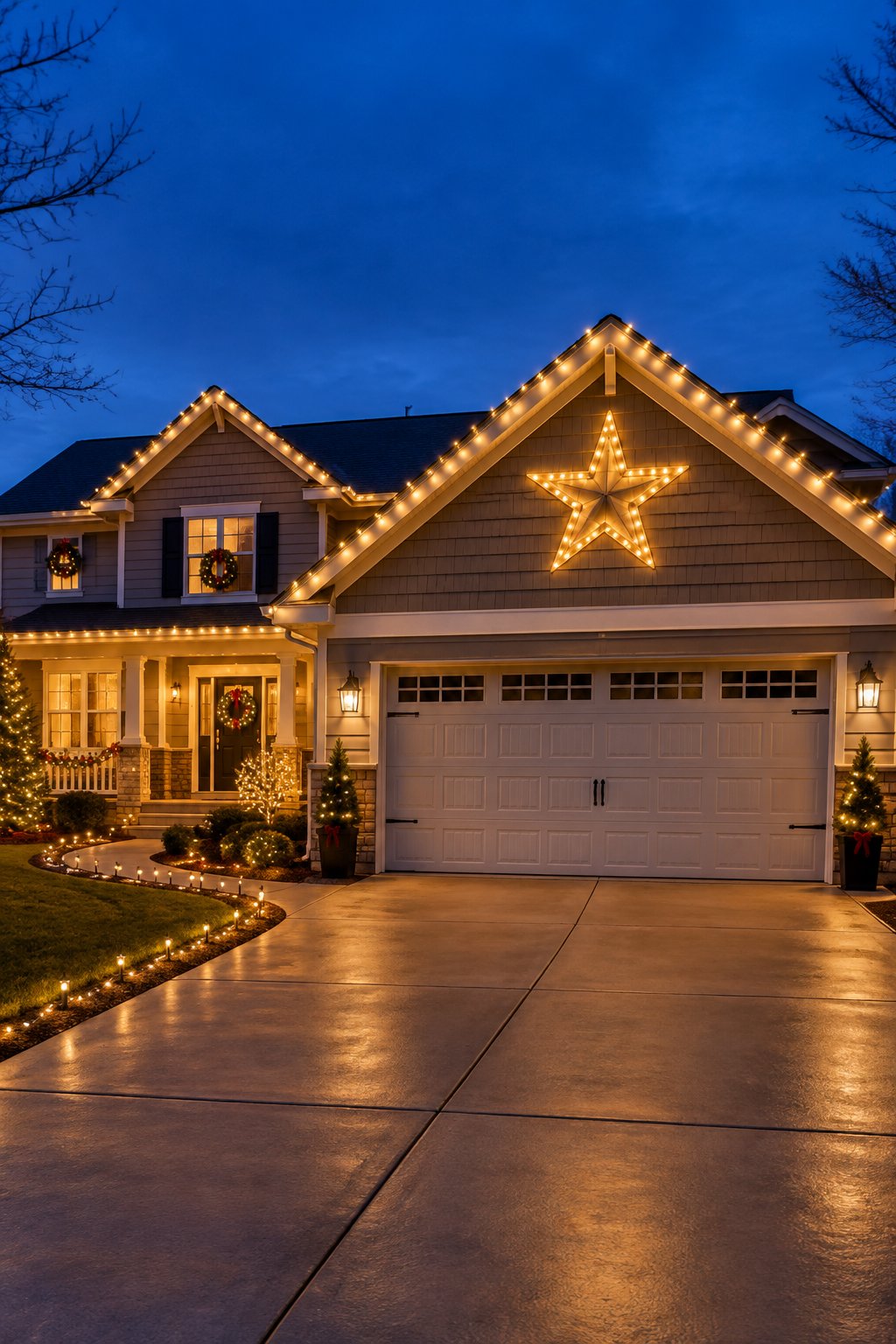 Lighted Star on the Garage Gable - outdoor christmas decor ideas