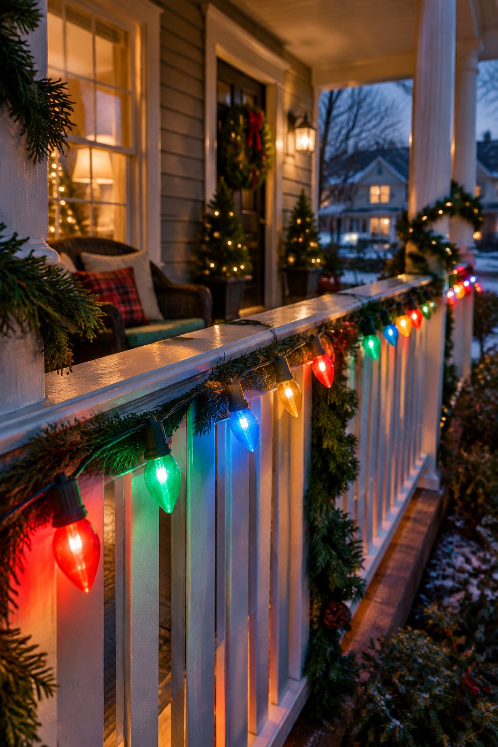 Multicolor Retro Bulbs on the Porch Rail - outdoor christmas decor ideas