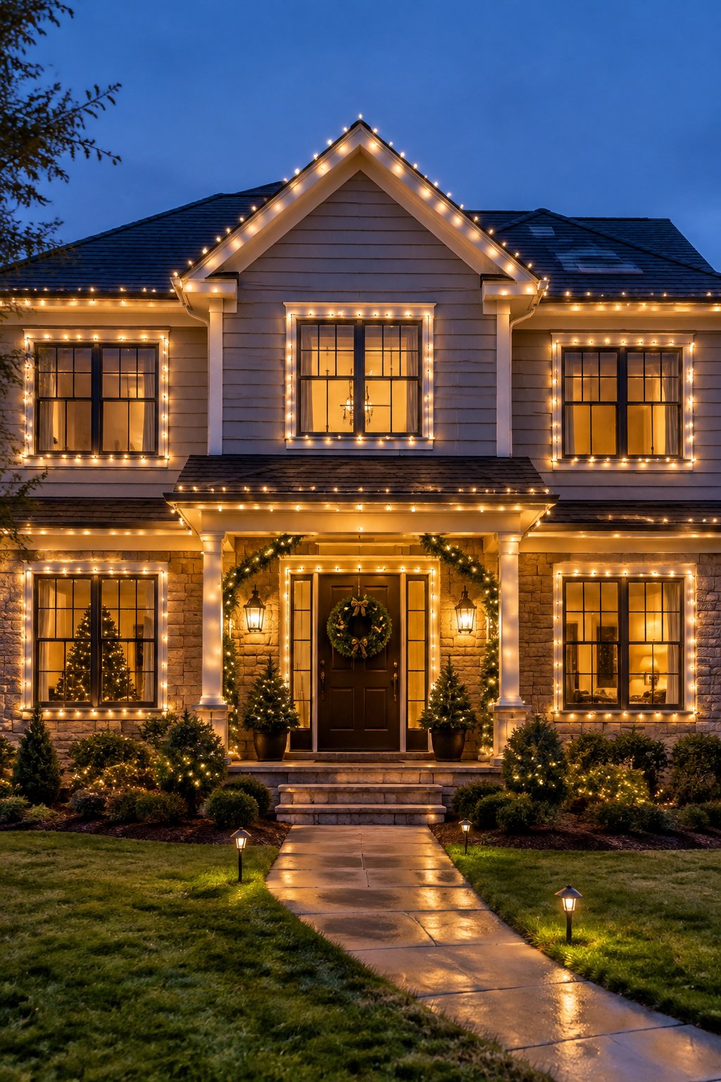 Outlined Windows and Front Door - outdoor christmas decor ideas