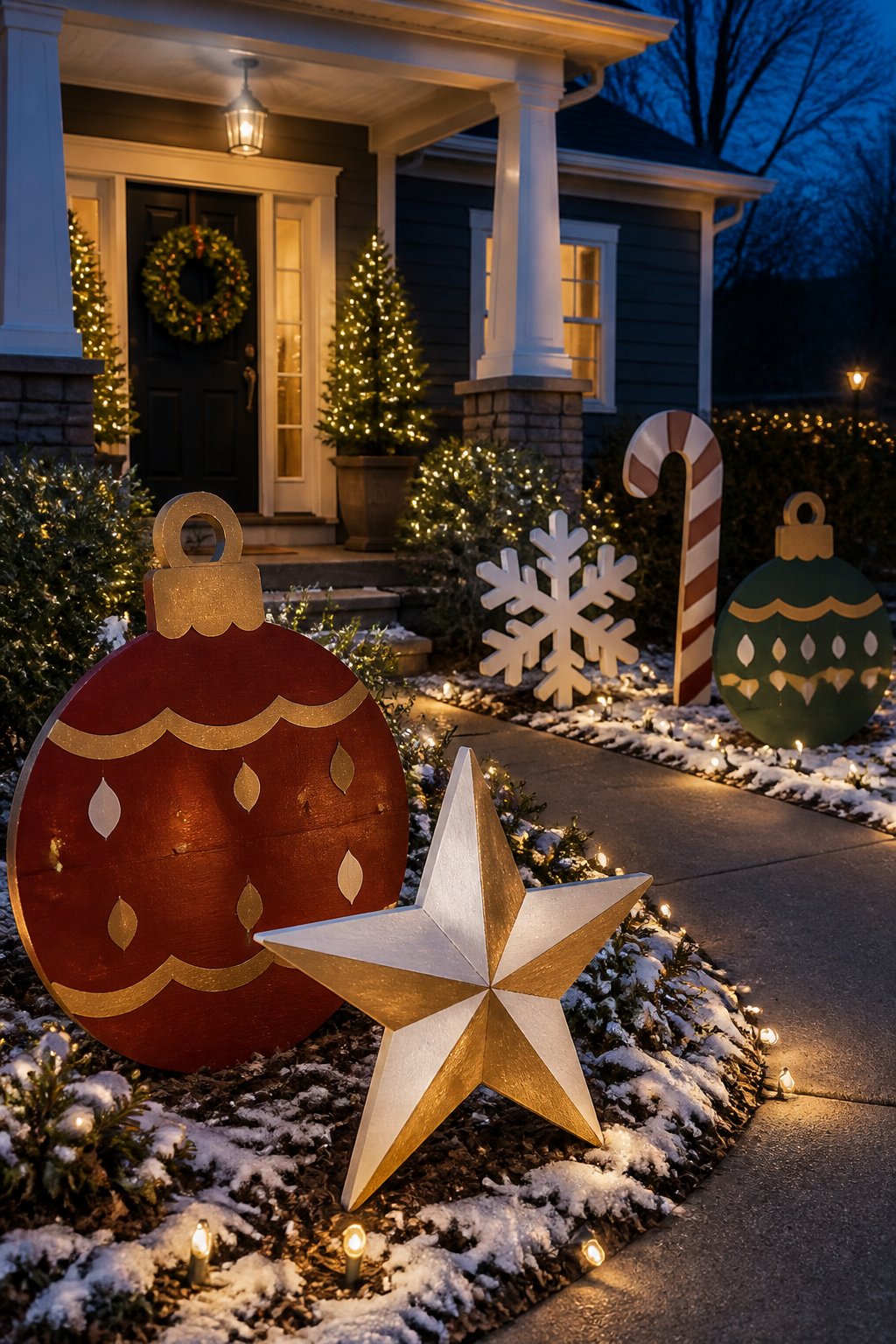 Oversized Plywood Ornaments - outdoor christmas decor ideas