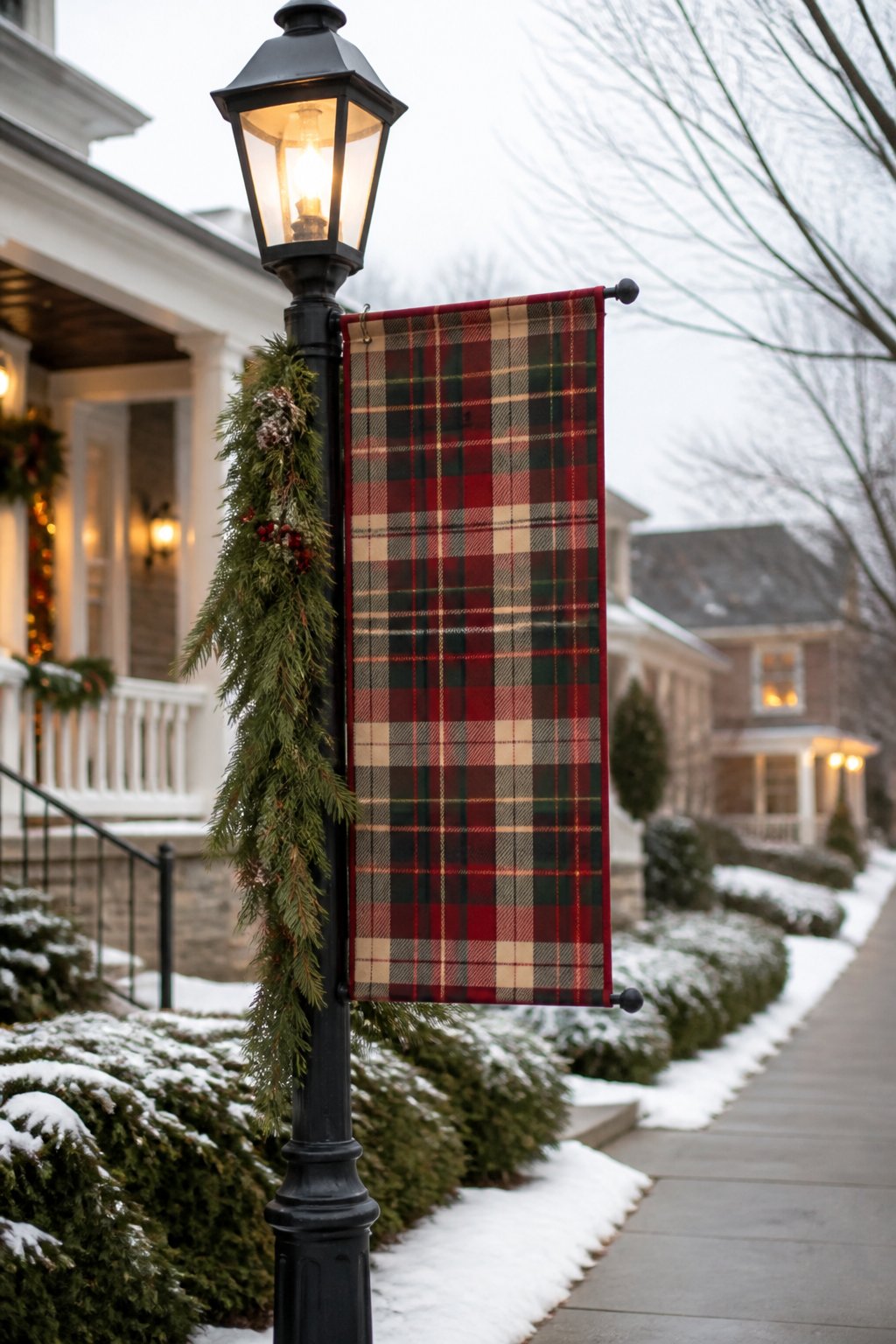 Plaid Post Banner - outdoor christmas decor ideas