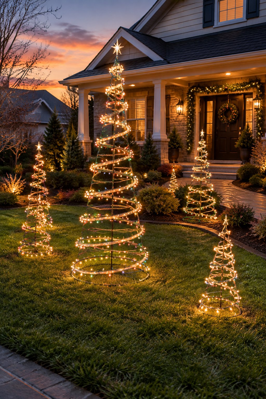 Spiral Light Trees in the Yard - outdoor christmas decor ideas