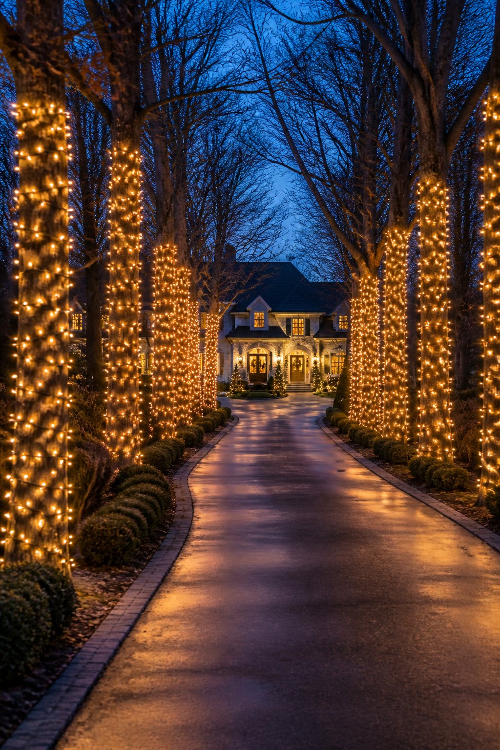 Trunk-Wrapped Tree Line - outdoor christmas decor ideas