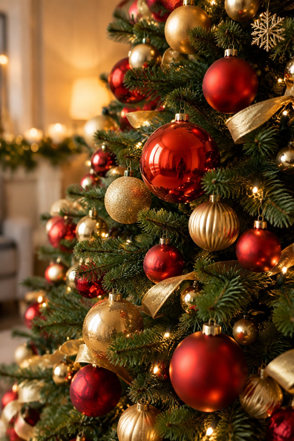 A Christmas tree decorated with large red and gold baubles and warm lights.