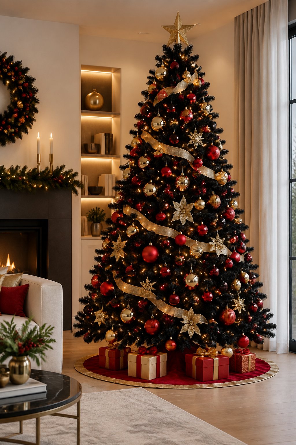 A black Christmas tree decorated with red and gold ornaments and warm lights in a cozy living room.